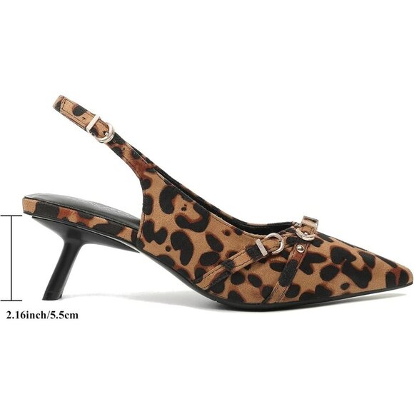 Women's Leopard 2 Pointed Toe Pumps Patent Leather Slingback Heels With Buckle - Picture 4 of 9